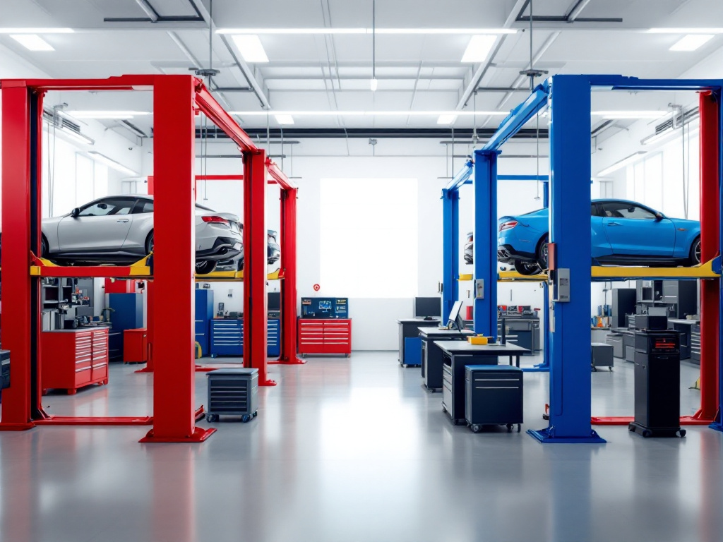 garage avec pont automobile bleu et rouge 